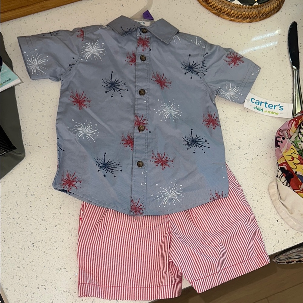 Carter's Blue Firework Shirt and Red Striped Shorts Set